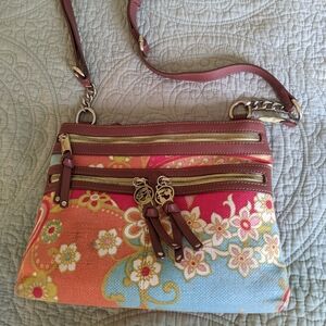 Spartina 449 Daufuskie Island Leather Linen Floral Crossbody Bag Purse